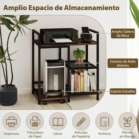 Suporte para impressora 63,5 x 40 x 72 cm com estação de carregamento de 3 níveis com rodas bloqueáveis Castanho