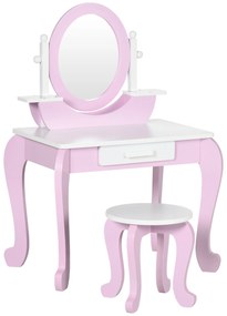 ZONEKIZ Toucador Infantil com Banco e Espelho Toucador Infantil de Madeira com Gaveta Mesa de Maquilhagem para Crianças entre 3-6 Anos 65,5x46x93cm Rosa