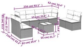 9 pcs conjunto sofás p/ jardim c/ almofadões vime PE castanho