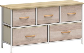 HOMCOM Cómoda com 5 Gavetas de Tecido Cómoda para Quarto Estrutura Metálica 100x30x51.5 cm Madeira e Branco | Aosom Portugal