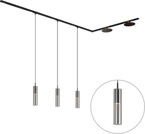 Sistema de calhas de iluminação moderno preto com 3 candeeiros suspensos e 2 candeeiros de teto monofásicos - Iconic Lloyd Pulley
