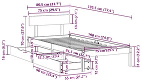 Cama sem colchão 75x190 cm madeira de pinho maciça branco