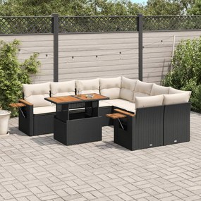9 pcs conjunto de sofás p/ jardim c/ almofadões vime PE preto