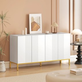 Aparador de design contemporâneo com motivos gráficos 140 x 40 x 75 cm, 2 armários com portas e prateleiras ajustáveis, em madeira branca e metal dour