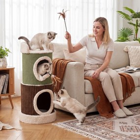 Casa para gatos de 3 andares com interior 41 x 85 cm, com plataforma superior almofadada, 2 cavernas, almofada lavável, móvel em forma de barril, árvo