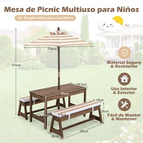Mesa de piquenique infantil com guarda-sol Conjunto de mesa e banco de madeira com almofadas para exterior, jardim e pátio Castanho