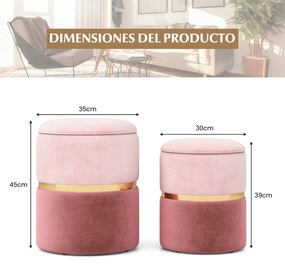 Conjunto de 2 Pufes redondos estofados com 32 L e 21 L de espaço de arrumação e assento almofadado com esponja Rosa