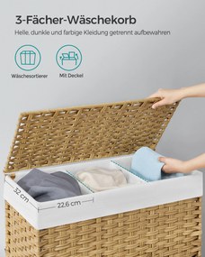 Cesto para roupa suja dobrável com 3 compartimentos e bolso lateral 70 x 36 x 66 cm Cor natural