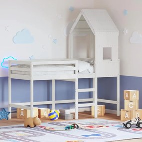 vidaXL Cama alta c/ escada e telhado 90x200 cm pinho maciço branco