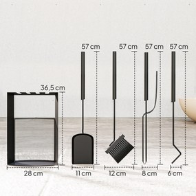Conjunto de utensílios para lareira de 5 peças em metal, com vassoura, pá, atiçador, par de pinças e suporte, 28 x 13 x 59,5 cm, preto