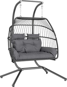 Outsunny Cadeira suspensa, Cadeira de cesto dobrável com almofada, Estrutura em aço, para interior e exterior, suporta até 260 kg, Cinza escuro | Aosom Portugal