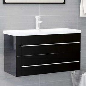 vidaXL Armário lavatório + lavatório embutido contrap. preto brilhante
