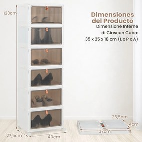 Caixas arrumação para sapatos dobráveis de 6 níveis com portas magnéticas transparentes e rodas universais com fecho 40 x 27,5 x 123 cm Branco