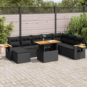 9 pcs conjunto sofás p/ jardim almofadões vime PE/acácia preto