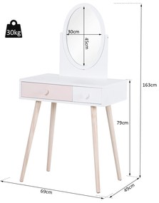 Cômoda com Espelho com 2 Gavetas 69x49x136 cm Branco e Rosa