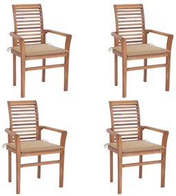 vidaXL Cadeiras de jantar 4 pcs c/ almofadões bege teca maciça