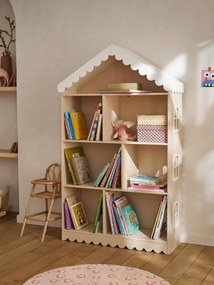 Biblioteca casa de madeira com festão para criança rosa