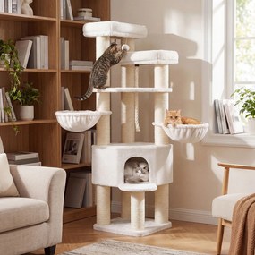 Arranhador para gatos 55 x 55 x 186,7 cm, árvore para gatos de vários andares, troncos grossos de sisal Branco creme