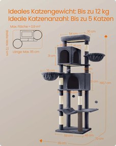 Arranhador para gatos com 190,7 cm de altura, 2 cavernas e 2 cavidades para descansar cinza escuro