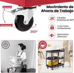 Carrinho 77,5 x 38 x 79 cm de 3 níveis de alta capacidade de metal com 3 prateleiras e pega ergonómica com Rodas para cozinha. escritorio Garagem Verm