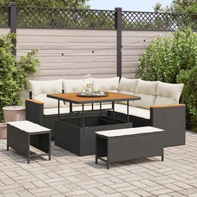 Conjunto de Sofás de Jardim vidaXL de 8 Peças com Almofadas Preto Rattan Poly Acácia