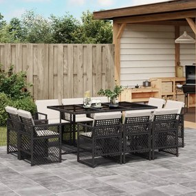 vidaXL 11 pcs conjunto de jantar p/ jardim c/ almofadões vime PE preto