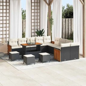 Conjunto de Sofá de Jardim vidaXL 14 peças com Almofadas Preto Vime Sintético Acácia