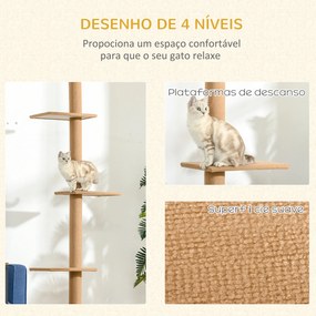 Arranhador para Gatos de Chão ao Teto com Altura Ajustável 4 Plataformas e Poste de Sisal 43x27x228-260 cm Castanho Claro