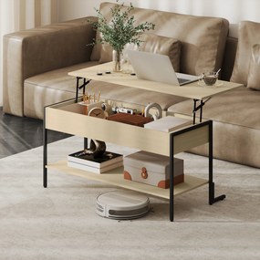 Mesa de centro com tampo elevável, mesa de sala com compartimento oculto e prateleira aberta, 95 x 40 x 59 cm, madeira natural