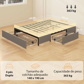 Cama de Casal 140x190 cm (COLCHÃO NÃO INCLUIDO) com Estrado com 3 Gavetas e Estrutura Metálica Suporta 363 kg Cinzento
