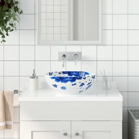 vidaXL Lavatório de bancada redondo Φ41x14 cm cerâmica branco e azul