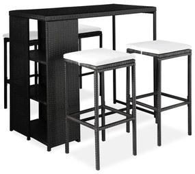 vidaXL 5 pcs conjunto de bar p/ jardim c/ almofadões vime PE preto