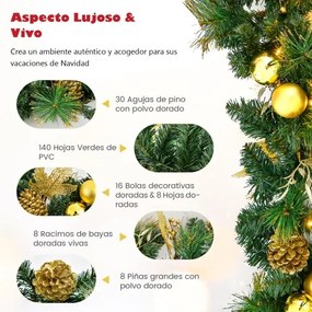 Grinalda de Natal Artificial 270 cm Pré-iluminada com Luzes LED Brancas Quentes para a Porta Principal, Escadas e Lareira Verde