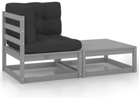 2 pcs conj. lounge de jardim c/ almofadões pinho maciço cinza