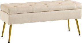 HOMCOM Banco com arrumação em visual aveludado, pufe estofado com design capitonê, estrutura metálica, 102 x 35 x 43 cm, Bege | Aosom Portugal
