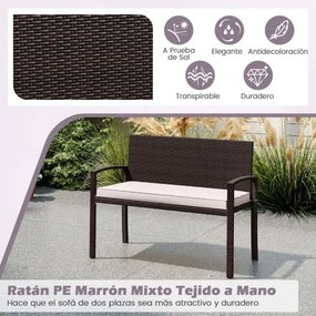 Banco jardim de vime para 2 pessoas 10 x 56 x 84 cm com almofada acolchoada, assento macio, encosto e apoios para os braços - castanho e brancoi