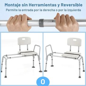 Banco de transferência para banheira ajustável em altura com assento, encosto, apoios para os braços e cinto de segurança