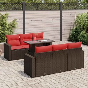 7 pcs conj. sofás jardim c/ almofadões vime PE/acácia castanho