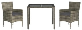 3 pcs conjunto de jantar p/ jardim c/ almofadões vime PE cinza