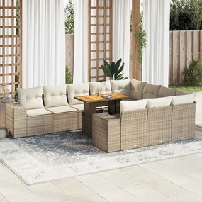 vidaXL 10 pcs conj. sofás p/ jardim c/ almofadões vime PE/acácia bege