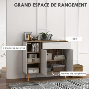 Móvel de arrumação 95 x 35 x 85 cm para cozinha com 1 gaveta, 1 armário de duas portas e 3 prateleiras ajustáveis, branco e natural