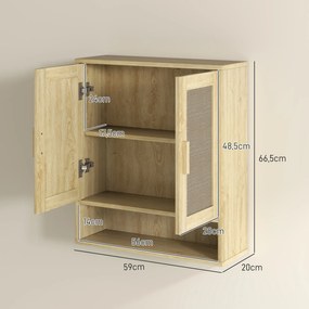 Móvel de parede para casa de banho  59 x 20 x 66,5 cm, com porta dupla e prateleira aberta, com efeito de carvalho