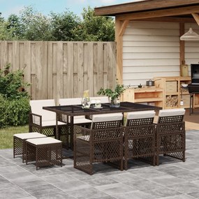 vidaXL 11 pcs conjunto jantar p/ jardim c/ almofadões vime PE castanho