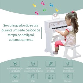 Piano Elétrico Infantil de 37 Teclas Conjunto de Piano com Microfone Banco Luzes e 22 Canções USB/MP3/Bluetooth Karaokê 53,5x27x63cm Branco
