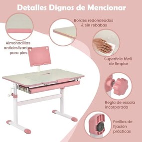 Conjunto 2 em 1 de secretária e cadeira para crianças Secretária ajustável em altura e ângulo com cadeira ergonómica giratória Rosa