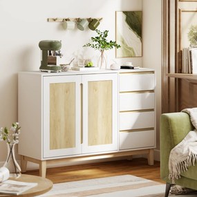 Aparador, móvel de arrumação com 2 portas e 4 gavetas, prateleira ajustável, 120 x 40 x 86 cm, branco e carvalho