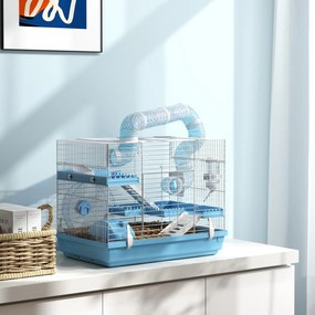 Gaiola portátil para hamster com casinha, roda de exercício, comedouro, garrafa de água, 47,5 x 31,5 x 29,5 cm, azul claro