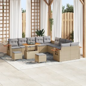 vidaXL Conjunto de Sofá de Jardim com 13 Peças e Almofadas Bege Polirattan Acácia