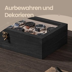 Caixa para relógios em madeira maciça 21 x 35 x 8,5 cm, com tampa de vidro e 12 compartimentos Preta