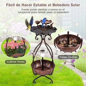 Conjunto Vintage de Banheira e Comedouro para Pássaros com Floreira com Pedestal e Luzes Solares Banheira Decorativa para Pássaros para Jardim - Bronz